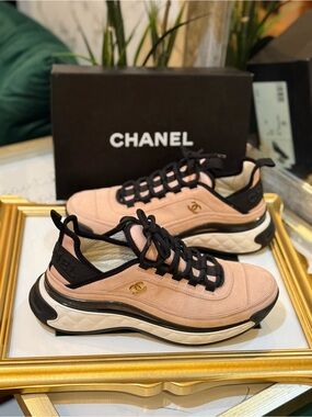 CHANEL Blush Pink and Black Suede Low-Top Sneakers